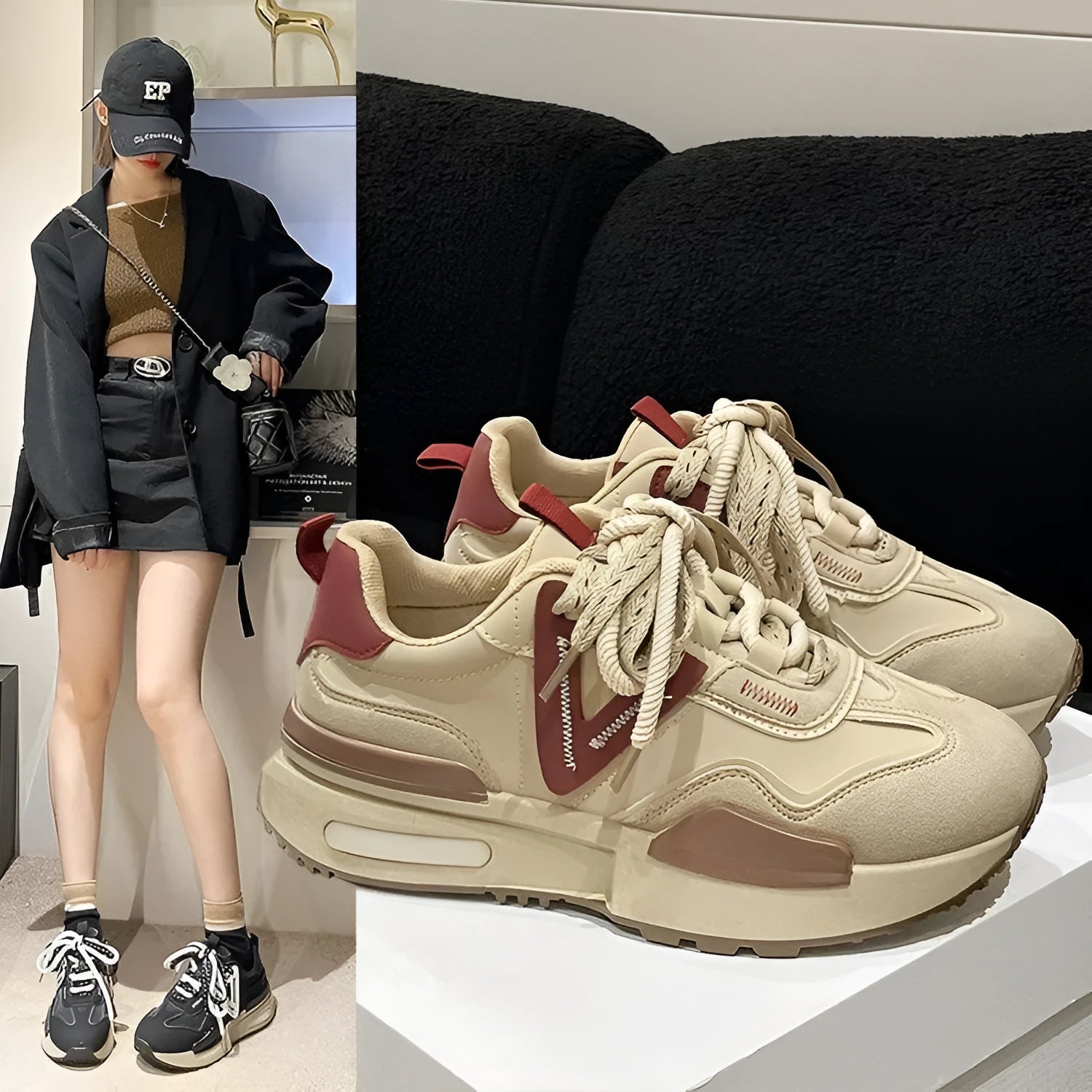 Women's black retro platform sports shoes with lace-up front and rubber sole