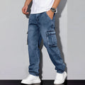 Light blue jeans with elastic ankle bands, drawstring waist, cotton denim casual trousers