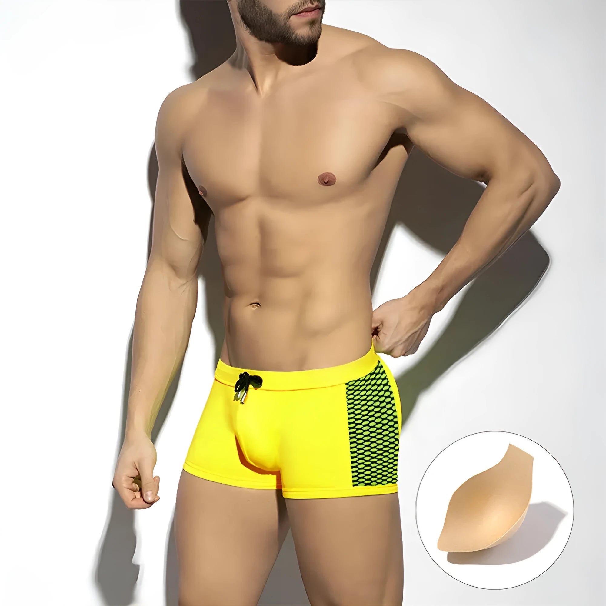 Polka dot print swimming boxers in black, dark blue, or yellow with ribbon or strap cup detailing