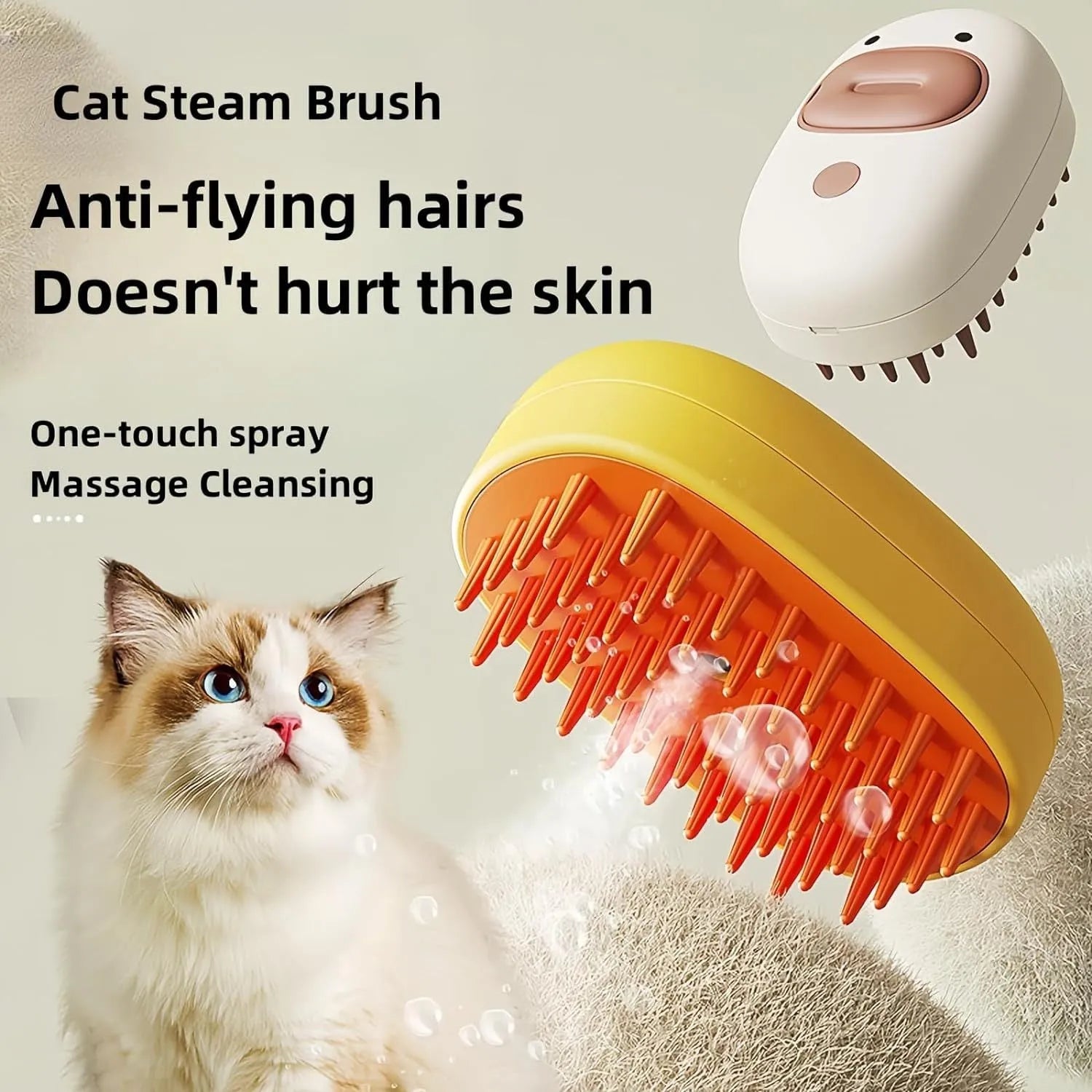 White and yellow pet steam brush grooming tool with rubber teeth and a water tank.