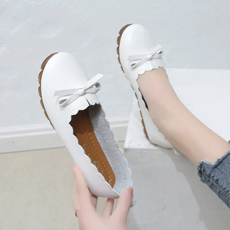 Korean style women's shallow mouth slip-on pumps in apricot, round toe, low heel, rubber sole