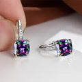 Square zircon inlaid geometric ear hook earrings in a golden white finish, showing Korean style design.