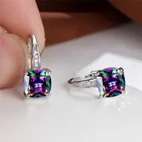 Square zircon inlaid geometric ear hook earrings in a golden white finish, showing Korean style design.
