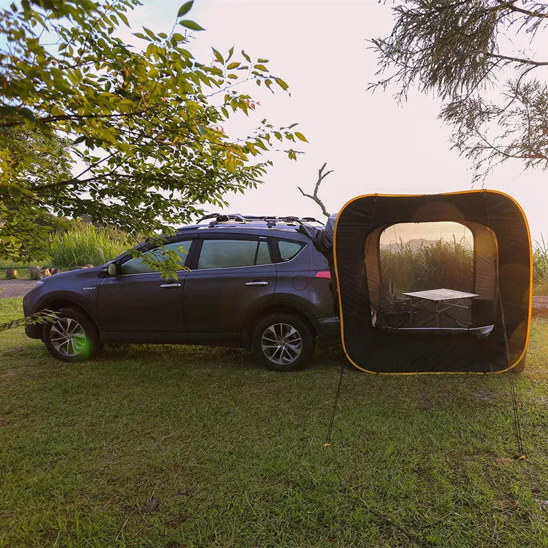 Black pop-up car tail tent unfolded to 200cm cube with quick-throw design and steel jackstays