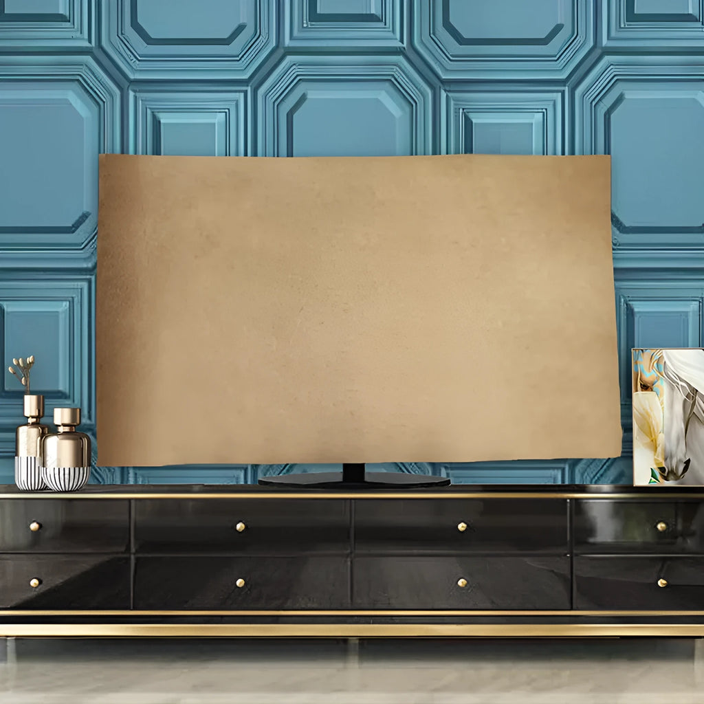 Soft pink velvet TV cover draped over a flat-screen television.