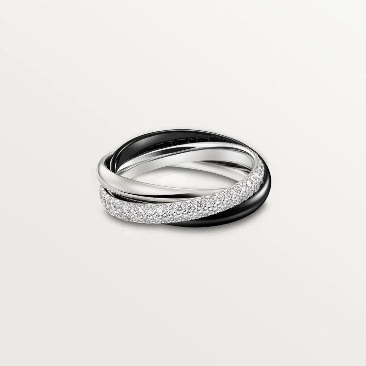 A geometric U-shaped silver couple ring engraved with text, shown in a gold rose silver finish.