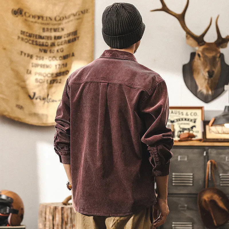 Men's red retro corduroy long-sleeve shirt jacket with a loose, casual fit.