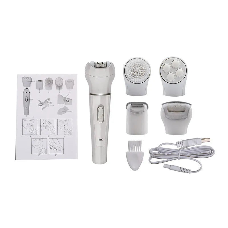 White 5-in-1 electric face and body massager scrubber with 5 interchangeable heads and rechargeable base