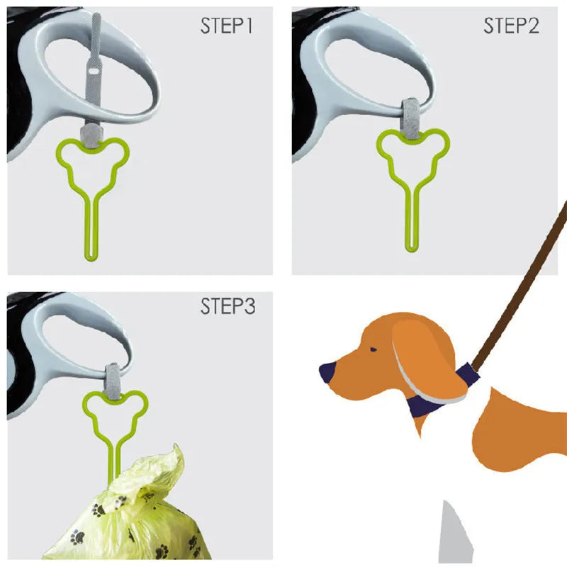 A hands-free dog poop bag holder with a fixed clip and adjustable black Velcro strap, shown attached to a dog lead.
