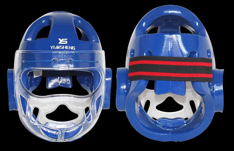 Karate boxing helmet protective equipment in white, blue and red colours showing head coverage design