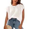 White women's loose fit pullover sweater with crochet detail on the sleeves
