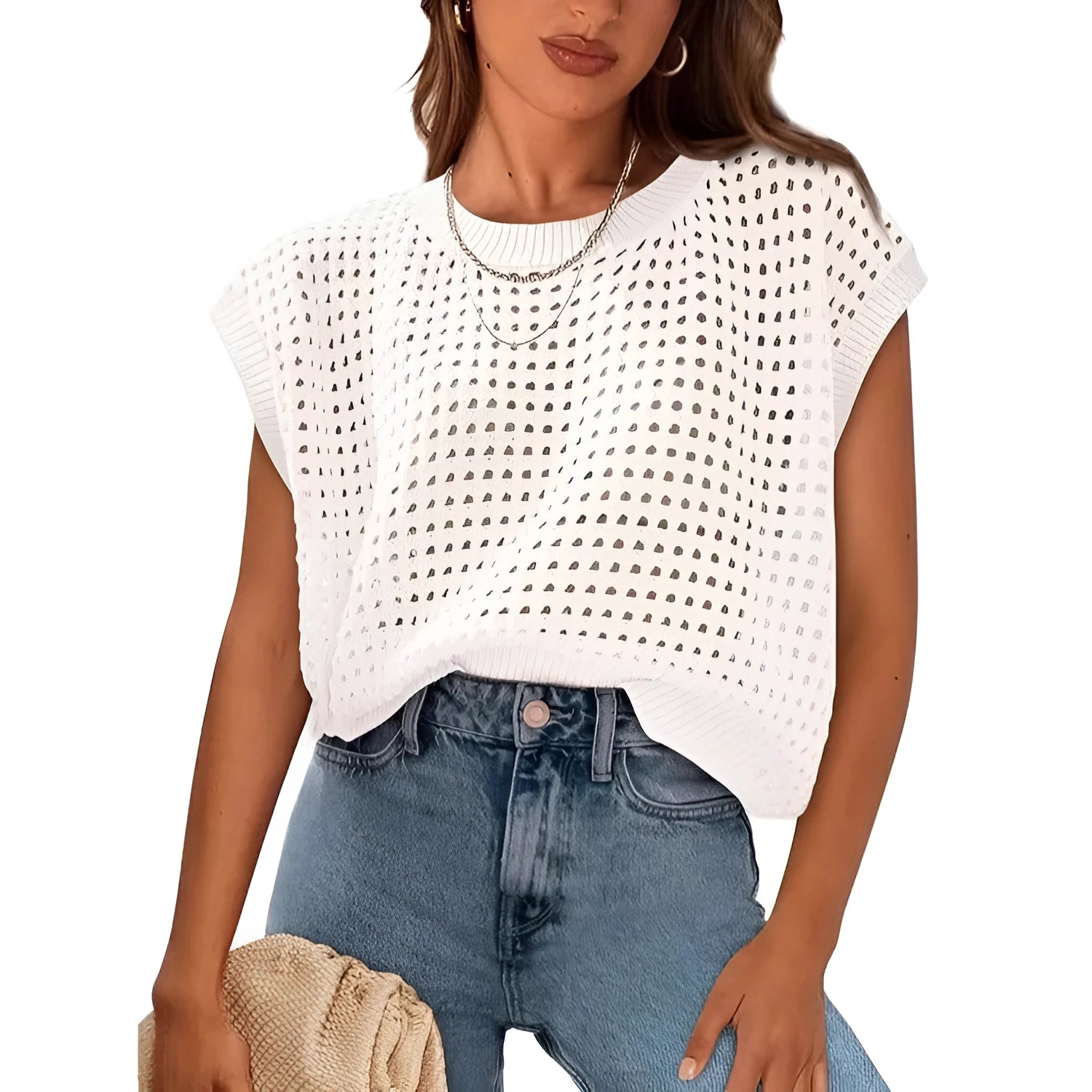 White women's loose fit pullover sweater with crochet detail on the sleeves