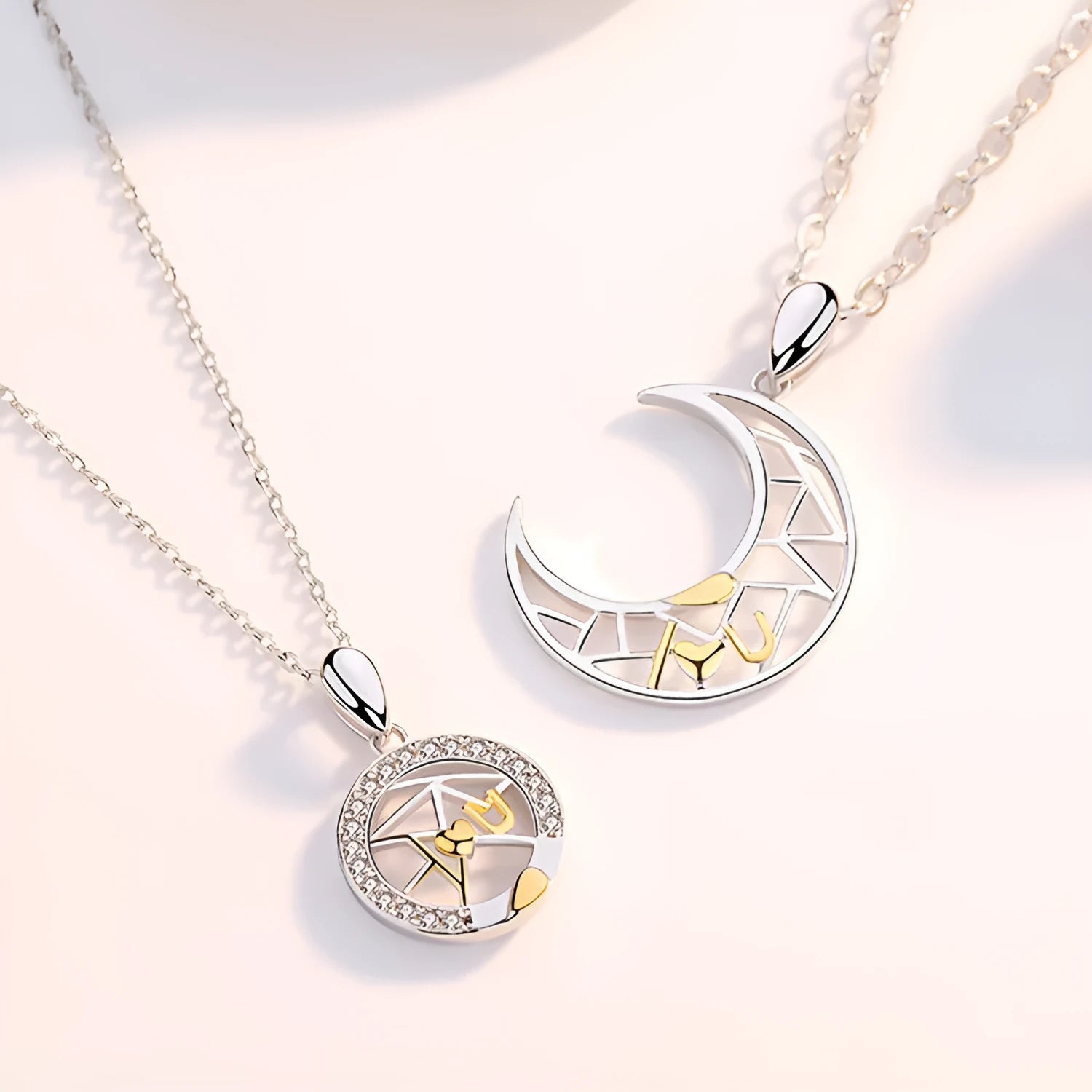 Copper sun and moon couple necklace with electroplated finish on cross chain