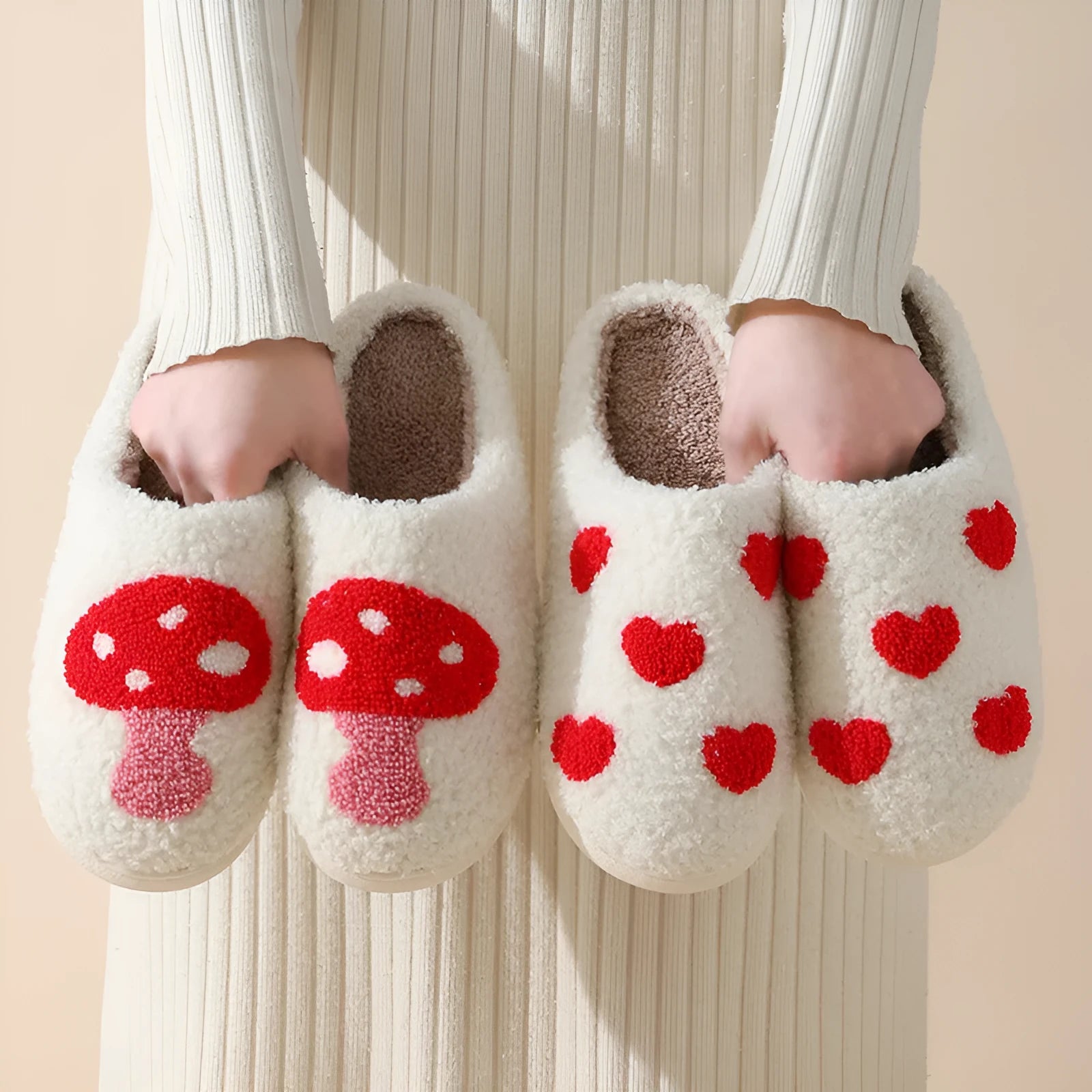 Women's plush home slippers with cartoon love print and non-slip PVC sole