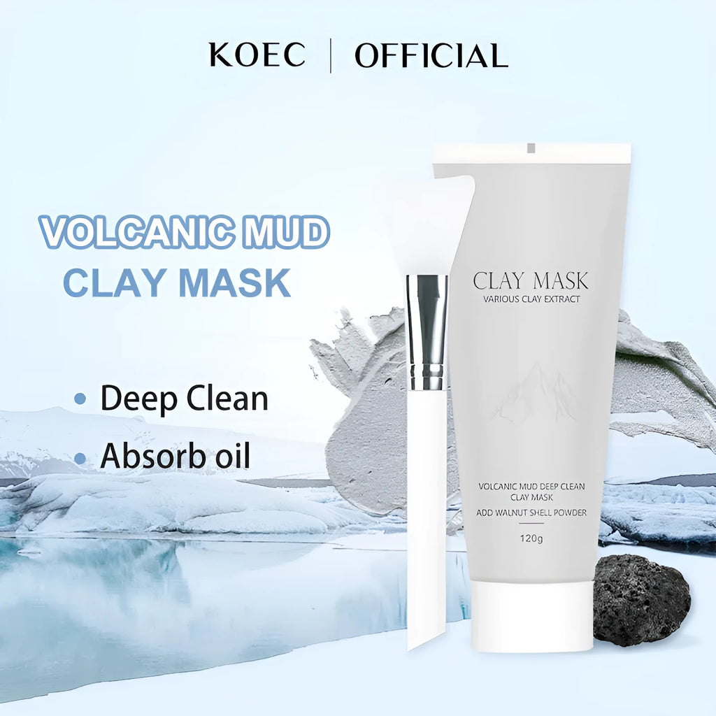 Volcanic mud mask 120ml pot with brush, deep cleansing facial mask for oily and sensitive skin