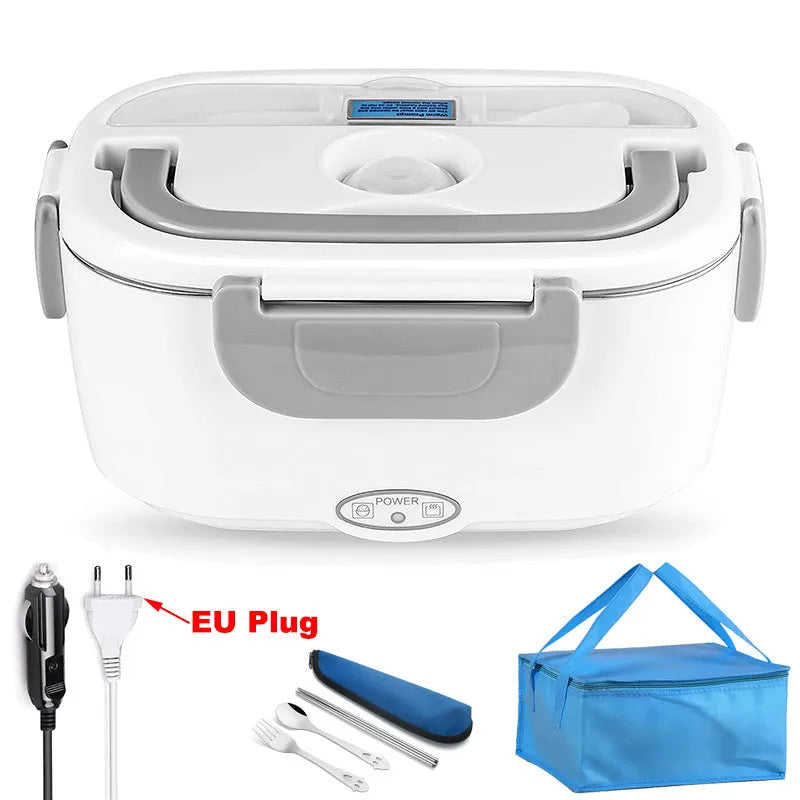 Grey dual-power electric lunch box with heating function for car and home use