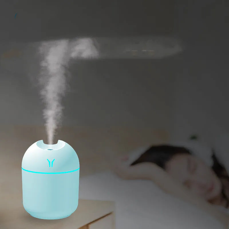 Round desktop humidifier in ivory white colour with USB cable and water tank showing 250ml capacity
