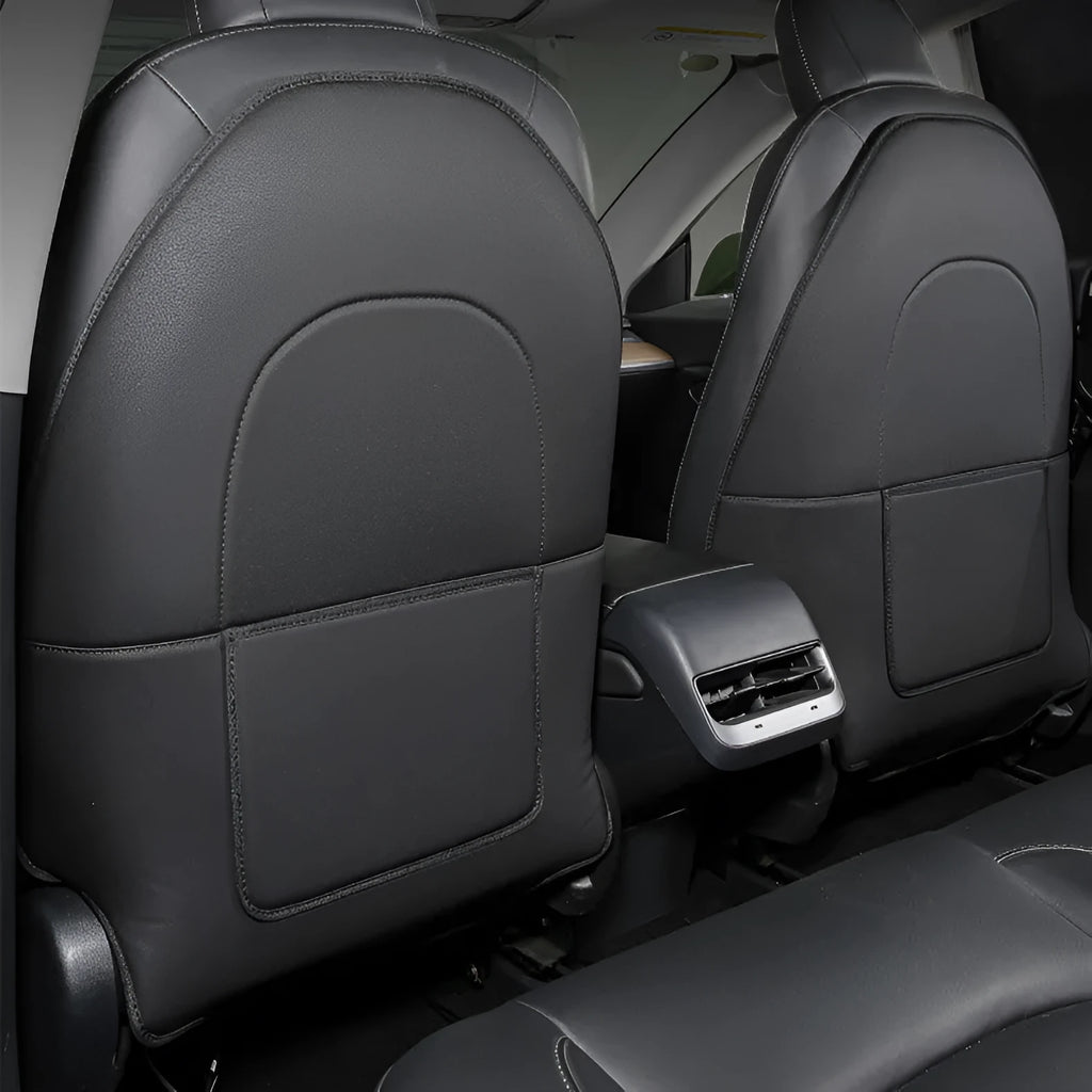 Black leather rear anti-kick pad for car seats, shown with dimensions 68cm long by 42cm wide.
