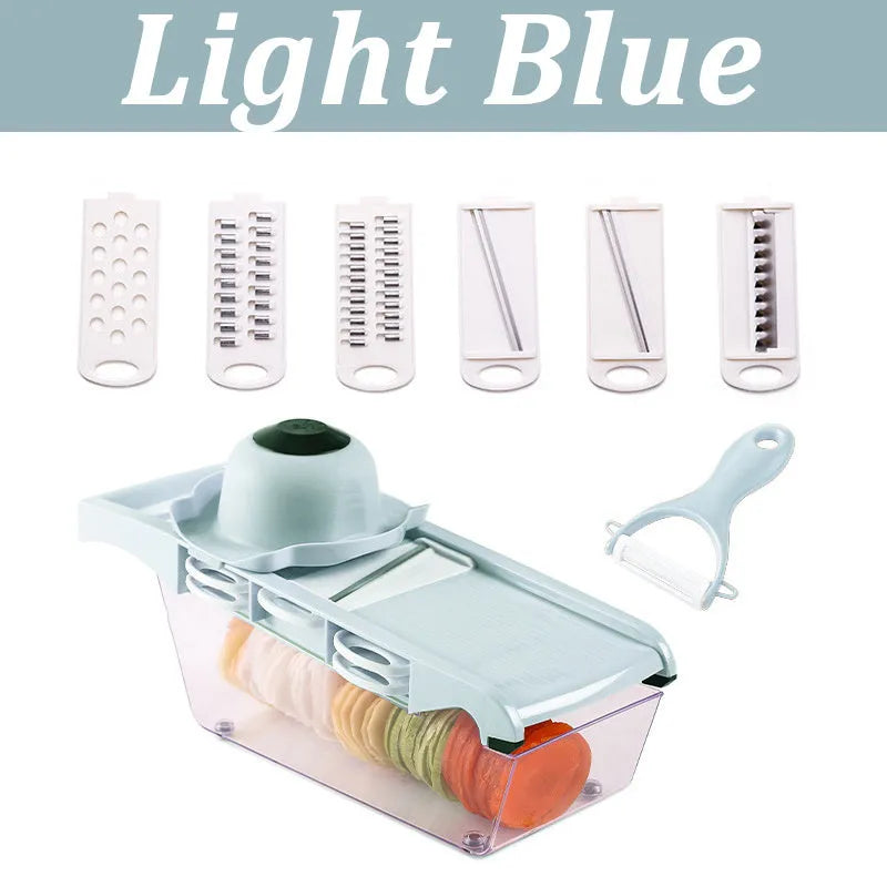 Multifunctional Vegetable Cutter with 7 blades, body in wheat straw material, stainless steel blades, 31.8x11.5x11.5 cm, on kitchen counter