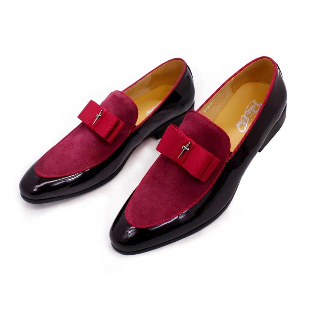 Men's glossy patent leather low-top shoes with a tassel in black, shown from a side view.