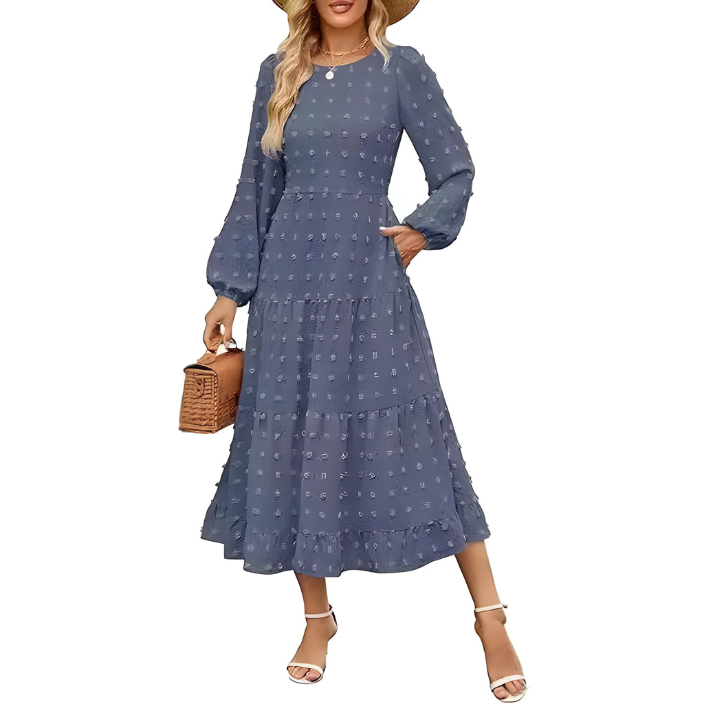 Women's beige high-waist long sleeve dress with ruffled sleeves on a hanger.