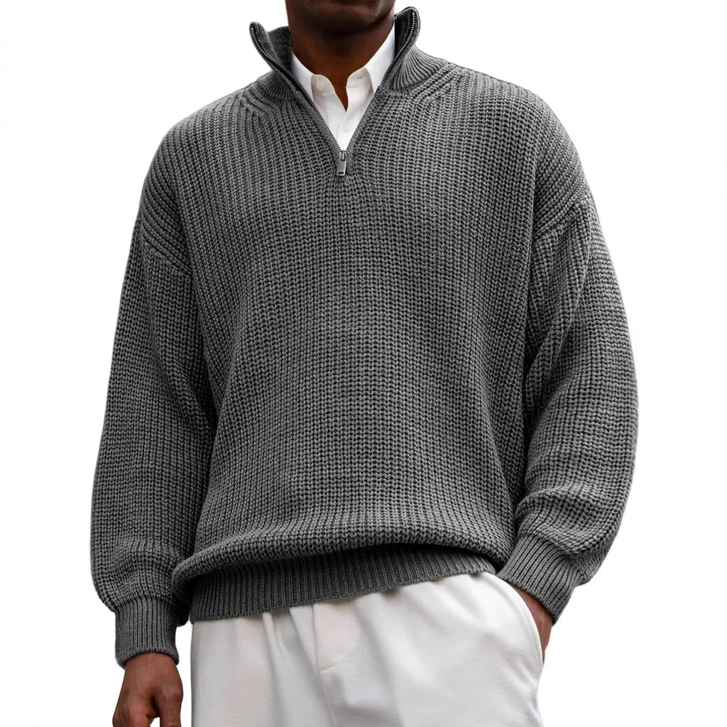 Fashion men's casual long sleeve half-zip stand collar polo shirt pullover sweater in black