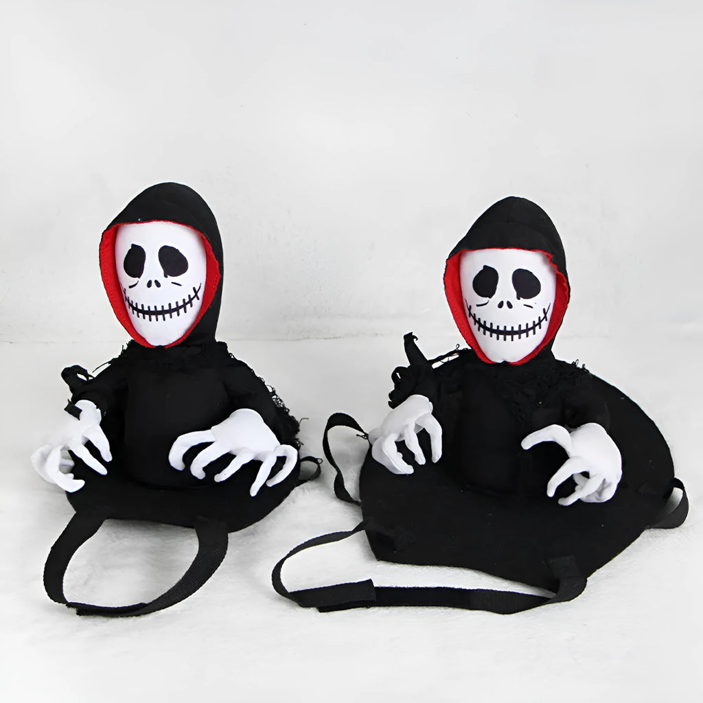 Black polyester Halloween teddy cape for cats and small dogs, shown flat on a surface