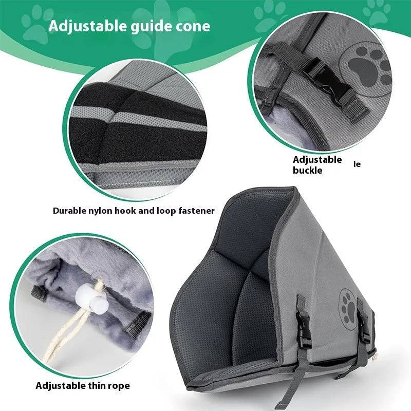 Adjustable soft fabric collar for pet sterilisation recovery, shown in a casual style.