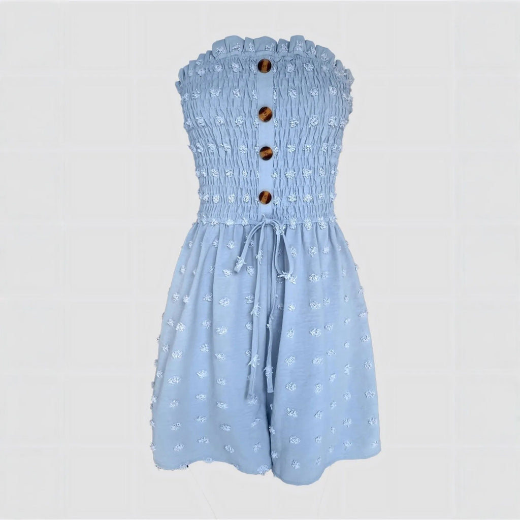 Women's solid colour off-shoulder sleeveless jumpsuit in a casual style on a hanger.