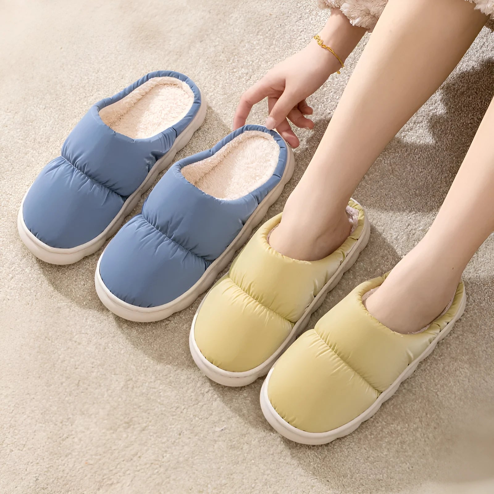Blue winter house slippers with artificial leather upper, plush lining, and thick rubber anti-slip sole.