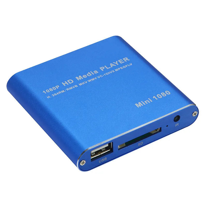 Compact black 1080p Full HD media player with HDMI, SD card, and USB ports on a white background.