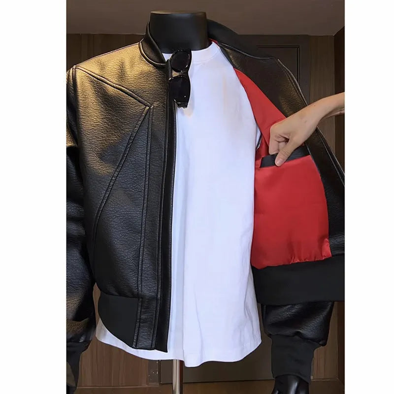 Men's slim-fit black PU leather motorcycle jacket with litchi grain texture and extended length