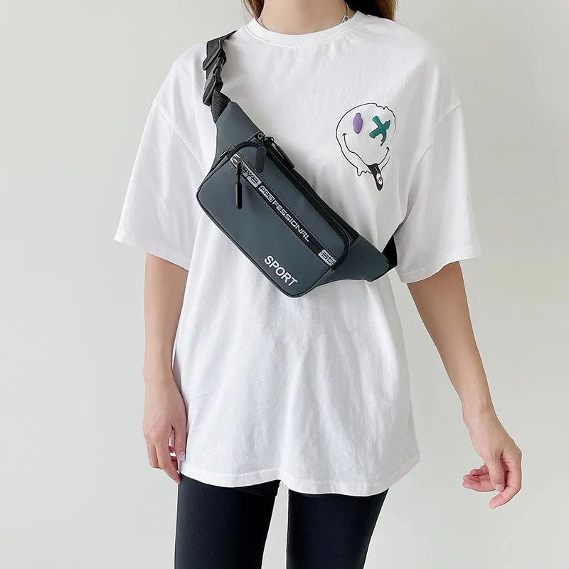 Men's high capacity Oxford cloth waist bag with zip closure and mobile phone pocket in light grey