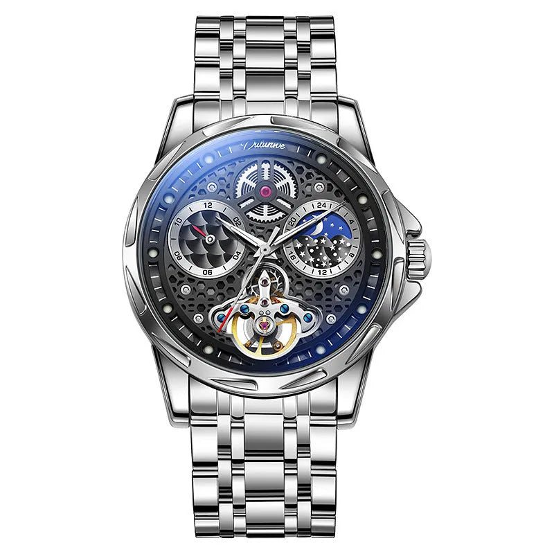 Men's automatic watch with luminous hands on steel bracelet, black dial with white markings