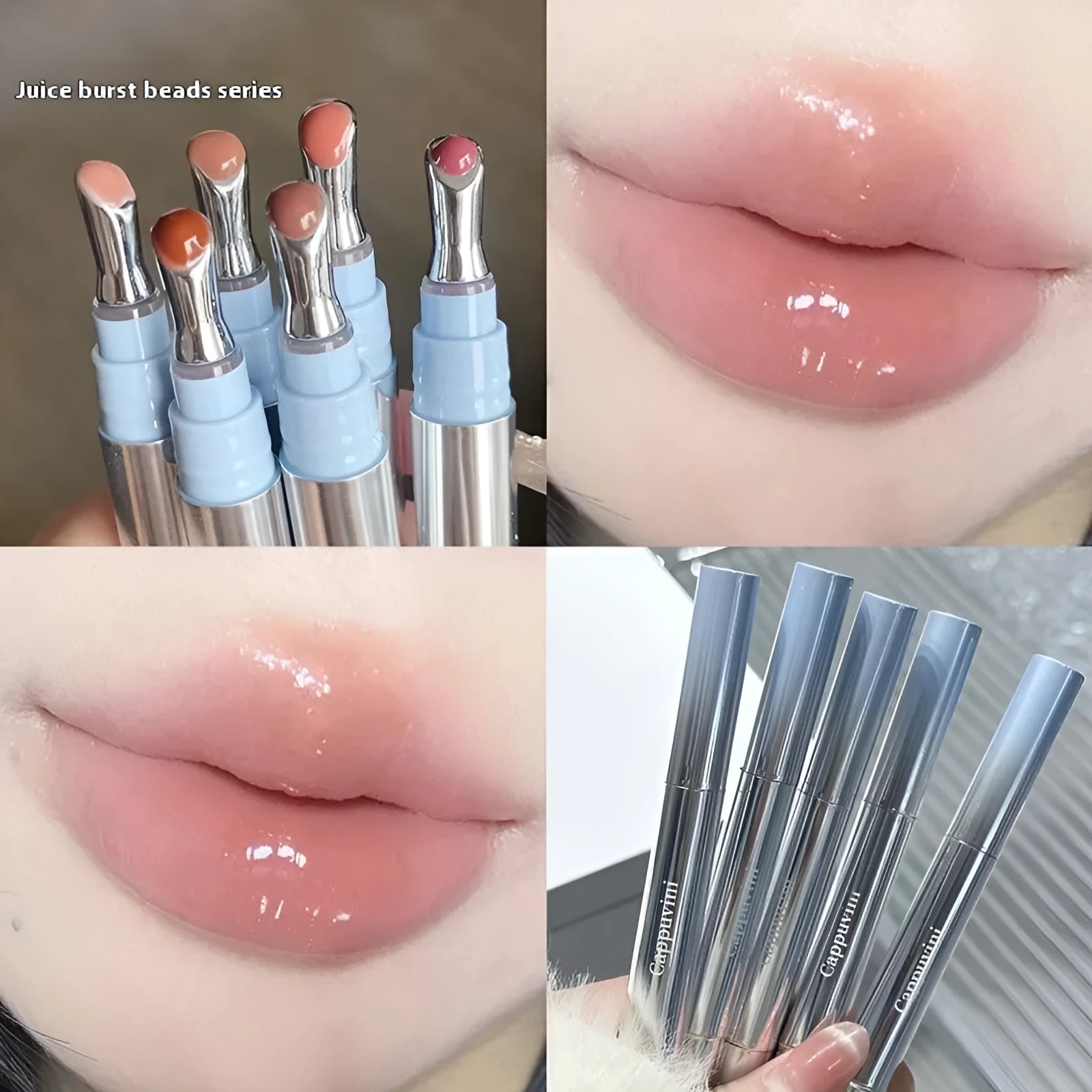 Mirror Water Light Fashion Lip Gloss Lipstick in six sheer colours: almond, pear, raspberry, peach, pomegranate, and silver ice.