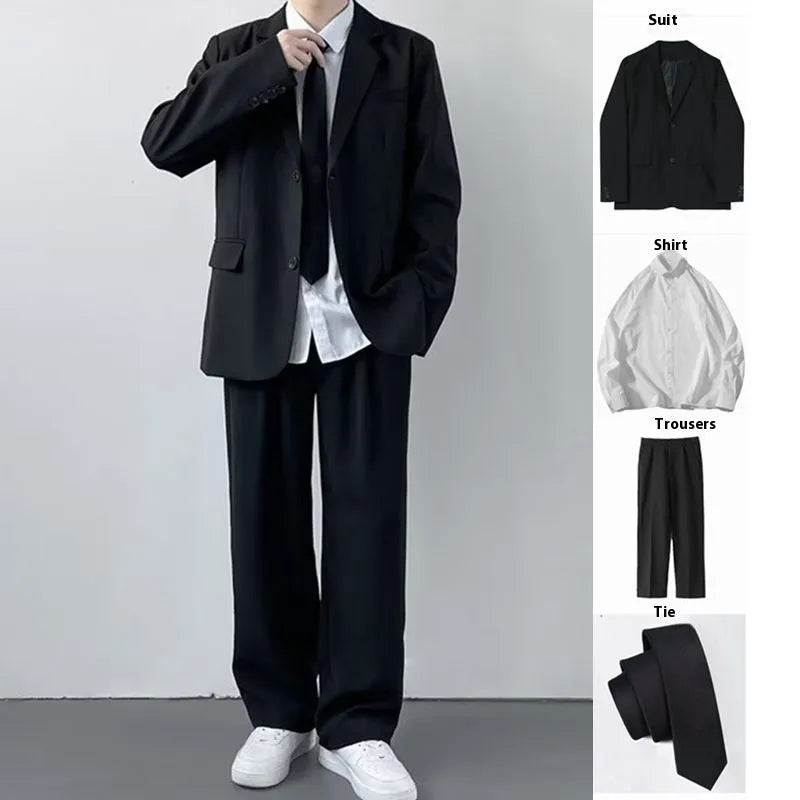 Men's plus size loose fit polyester suit jacket set with white shirt and tie for spring autumn formal wear