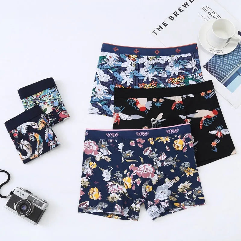 Men's purified cotton boxer briefs with U-shaped design and floral prints in sizes 3XL to 10XL