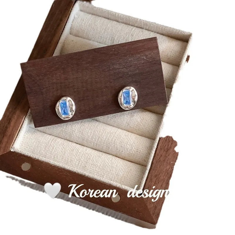 S925 sterling silver oval blue diamond heart-wrapped earrings for women silver colour geometric drop earrings