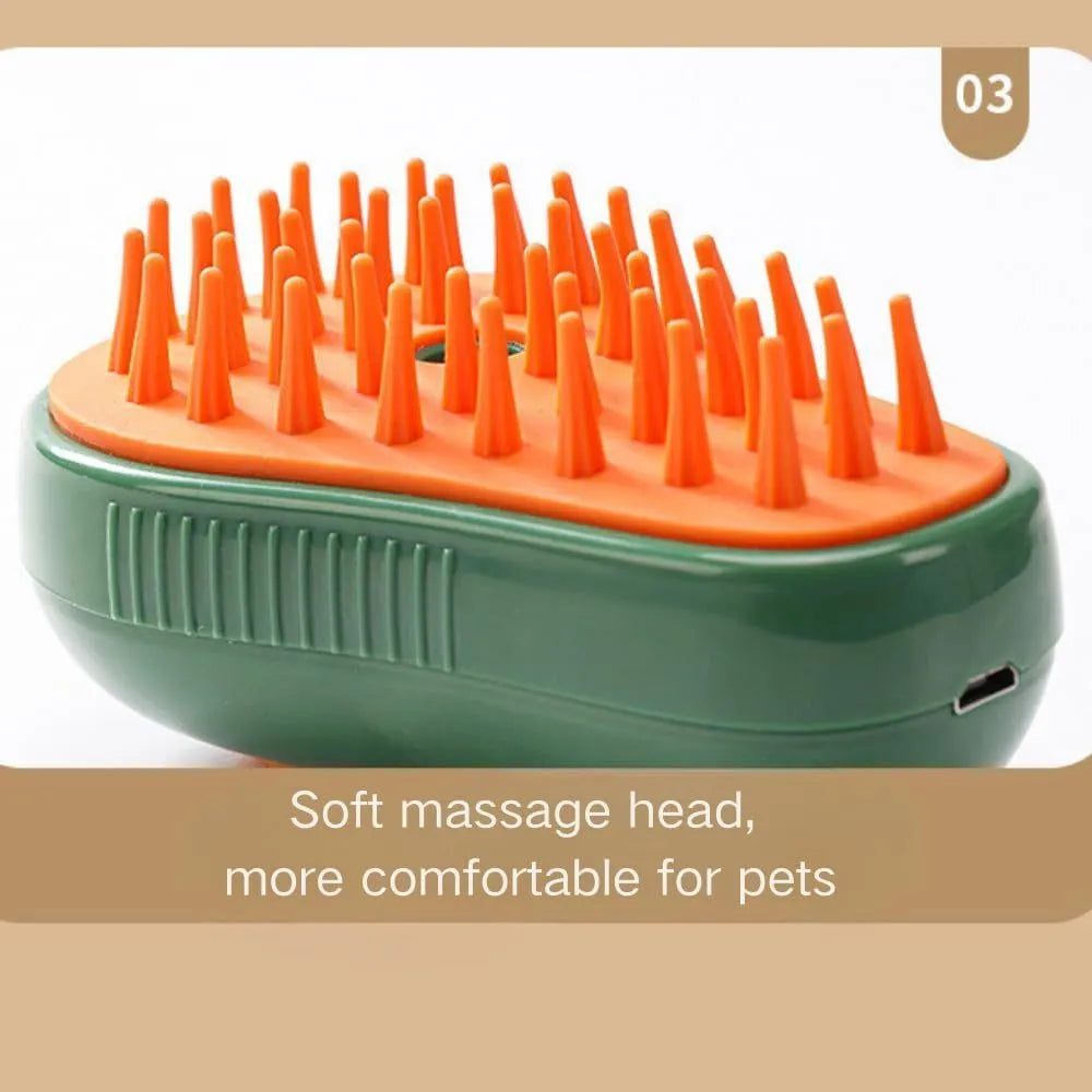 Green and white rechargeable cat steam brush comb with silicone bristles and water spray.