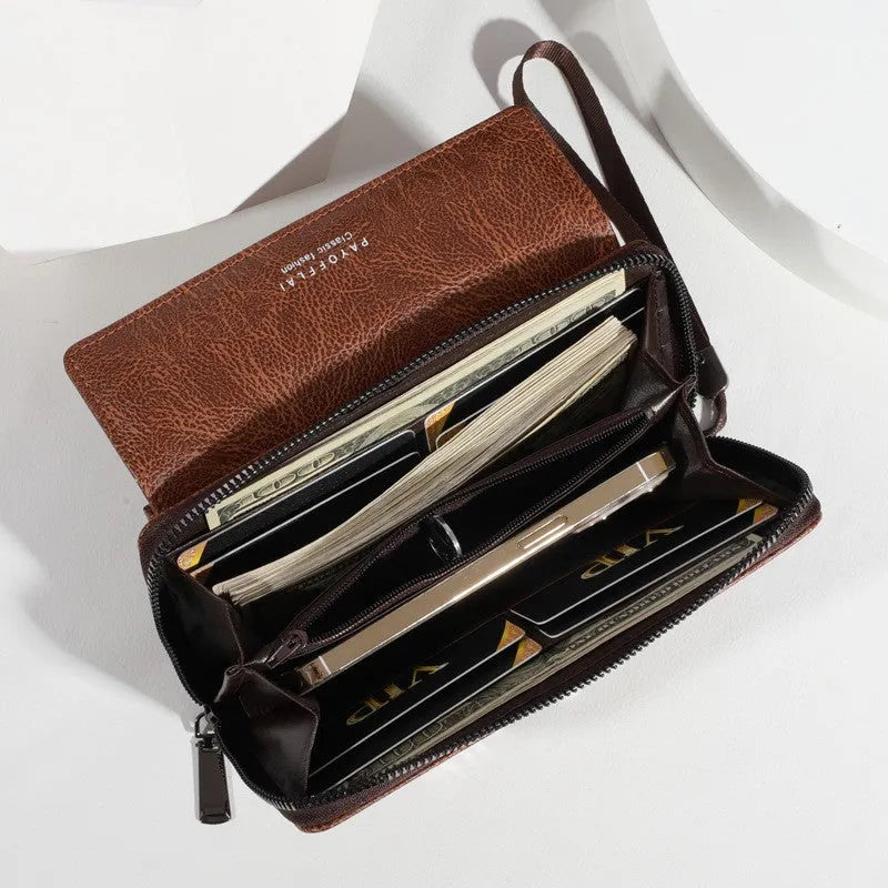 Men's black PU leather long wallet with multiple card slots, shown closed.