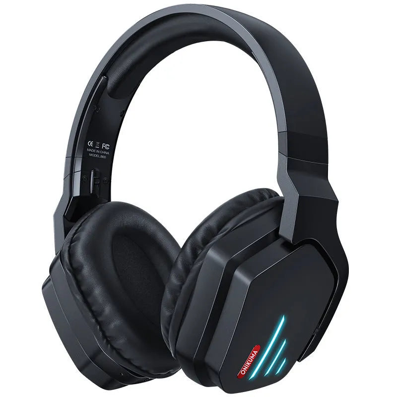 Luminous black wireless gaming headphones with head-mounted design and noise reduction features