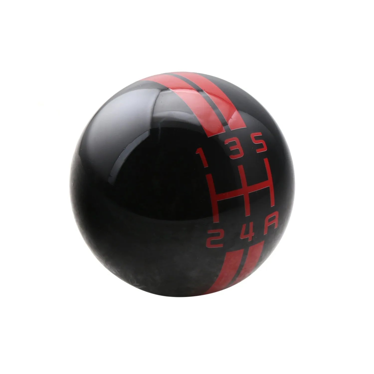Black acrylic car gear knob for 5-speed manual, showing red lettering marking the gear positions.