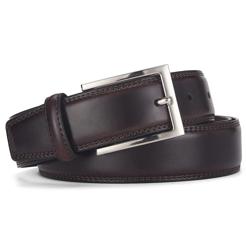 Men's classic black leather belt with a silver alloy pin buckle on a white background