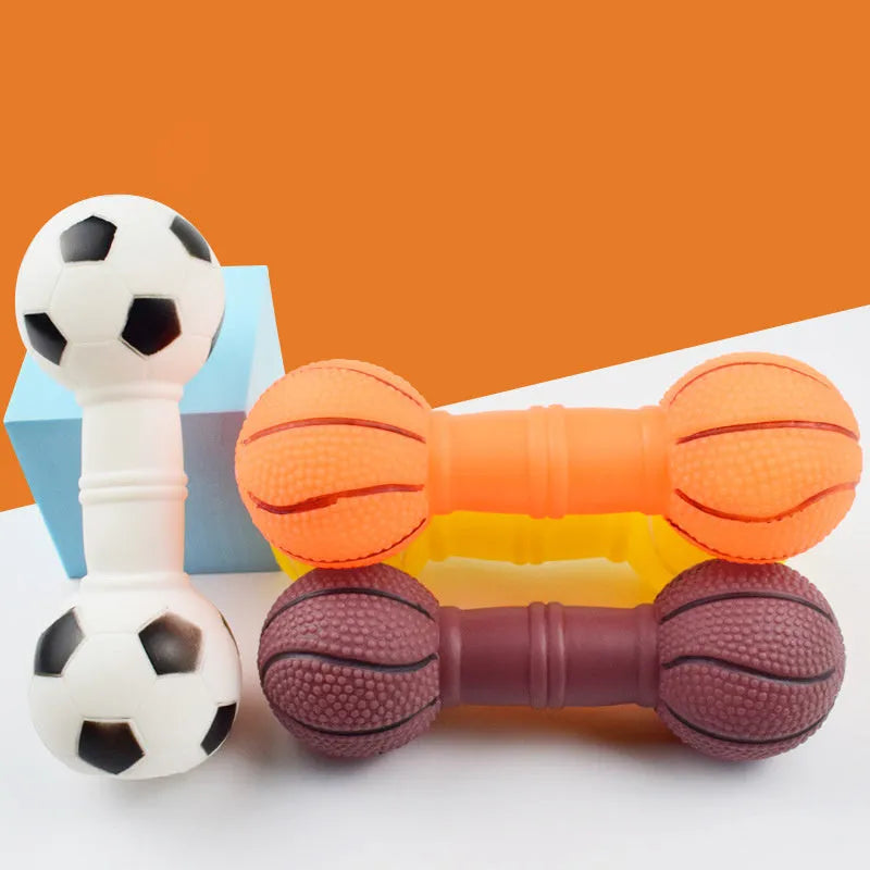 Brown, orange, white, and yellow football dumbbell shaped dog chew toy with squeaker