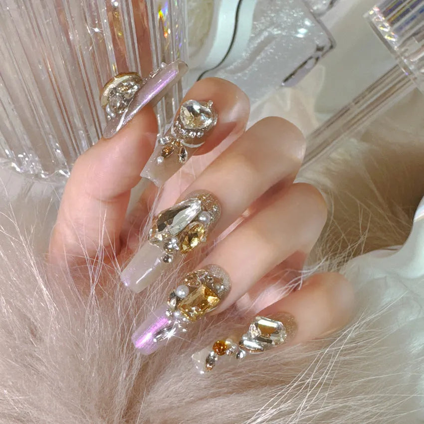 Luxury rhinestone false nail patches with phototherapy sealing layer in flash style