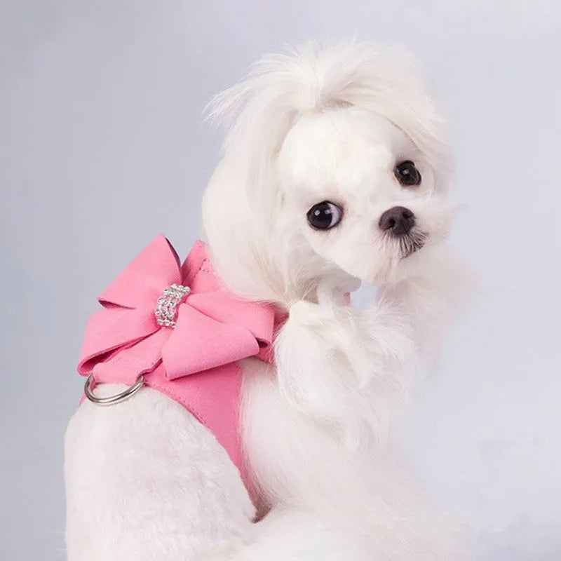 Dog wearing pink microfiber chest strap with decorative bowknot design