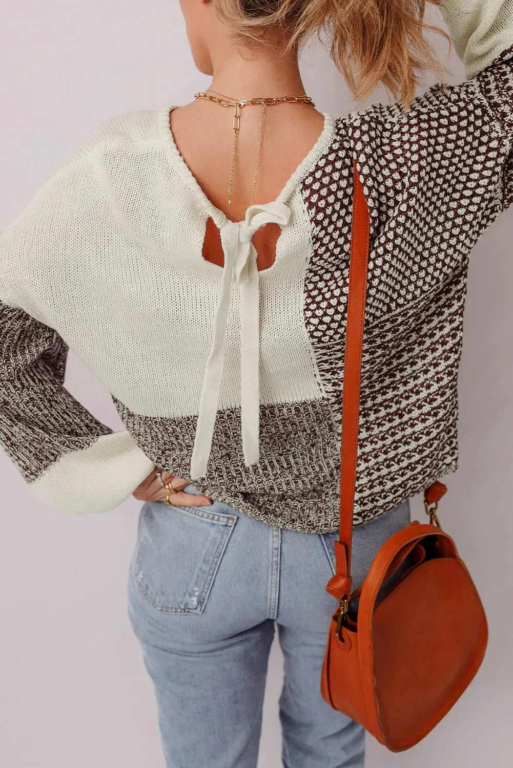 Dark khaki colour block loose sweater with back tie detail and drop shoulders.