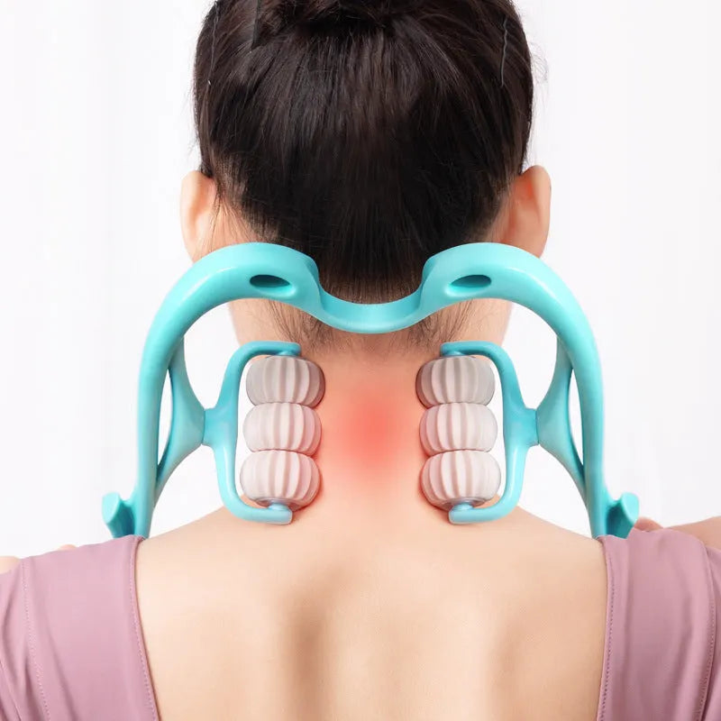 Blue plastic handheld massager with six rotating wheels and an ergonomic handle for neck, shoulder, and waist use.