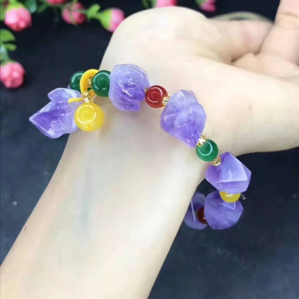 Amethyst bracelet with natural shaped beads and fu character charm for women