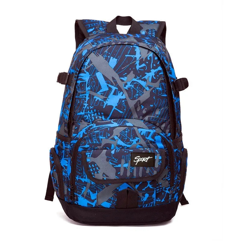Blue and red large classic nylon backpack for students and teenagers.